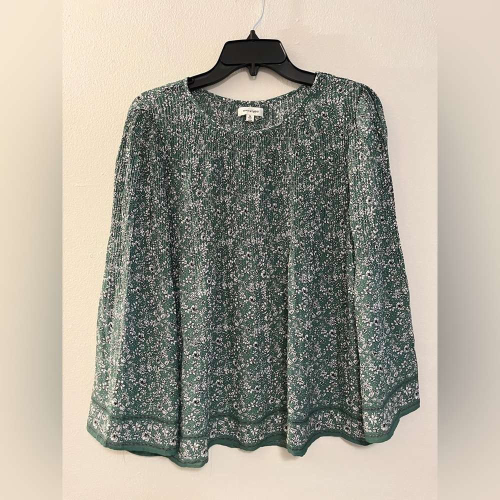 Max Studio Green Floral Pleated Bell Sleeve Top